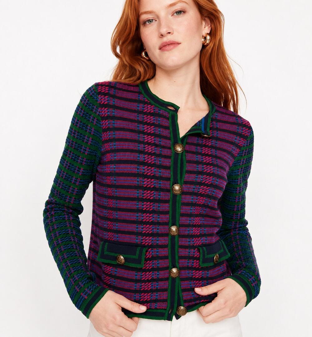 Boden Holly Knitted Jacket Plaid Cotton Cardigan Green Blue Womens Size 10 New